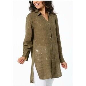 Colleen Lopez Button Front Sequin Tunic Top Size Large Embellished Olive Green